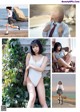 A collage of photos of a woman in a white bathing suit.